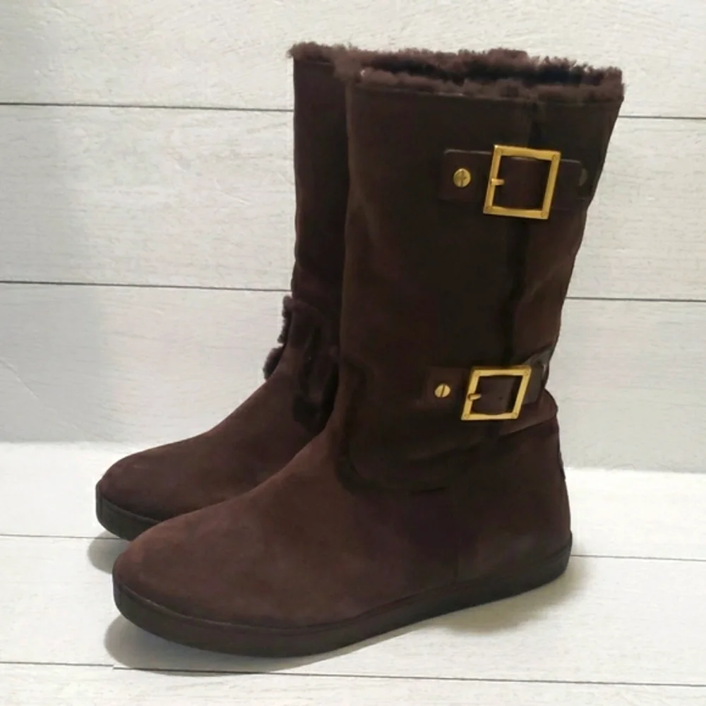 Tory Burch Brown Shearling And Suede Midcalf Flat Womens Boots Size 8.5